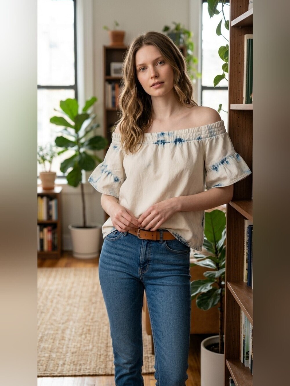 AllSaints Cream Top with Blue Washed Trim